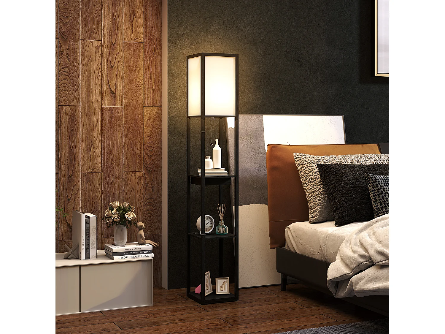 Lampadaire étagères 3 niveaux H.159 cm petit tiroir port USB A+C blanc noir