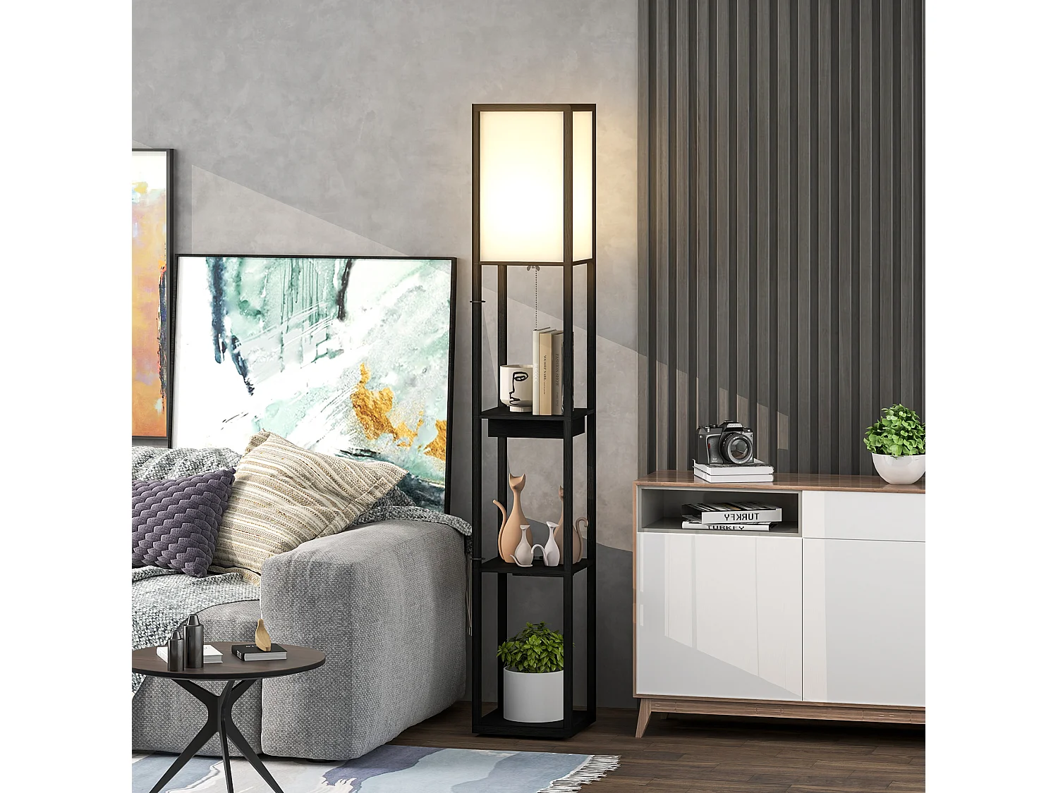 Lampadaire étagères 3 niveaux H.159 cm petit tiroir port USB A+C blanc noir