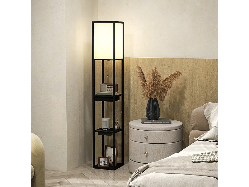 Lampadaire étagères 3 niveaux H.159 cm petit tiroir port USB A+C blanc noir