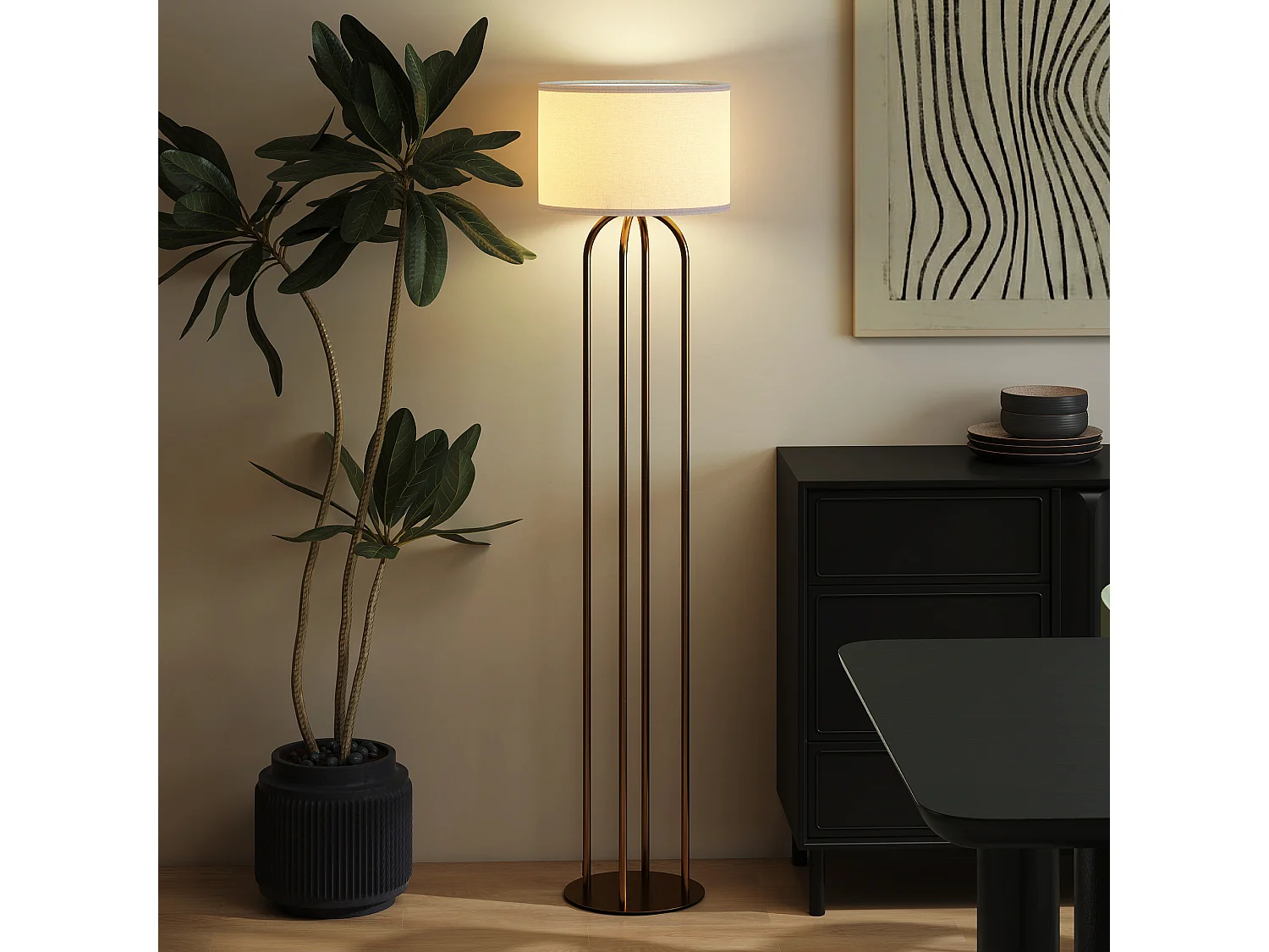 Lampadaire design métal doré 4 pieds base abat-jour circulaire lin beige dia. 38 x H.161 cm