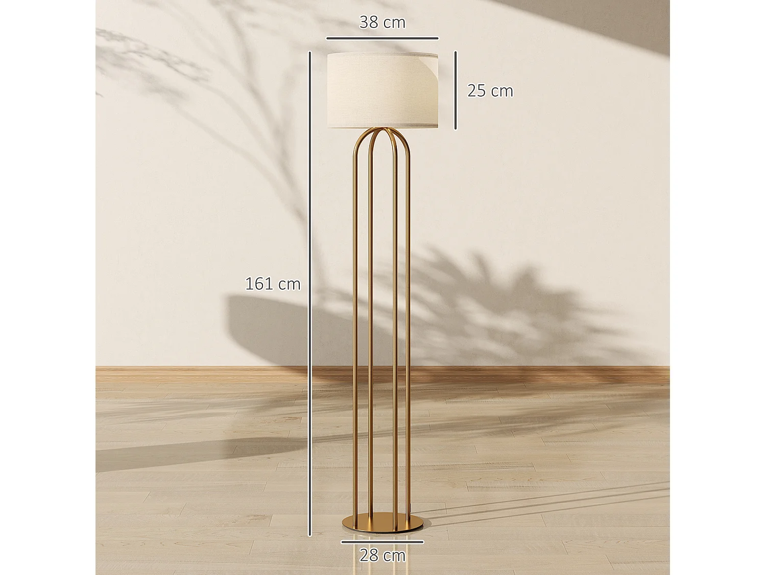 Lampadaire design métal doré 4 pieds base abat-jour circulaire lin beige dia. 38 x H.161 cm