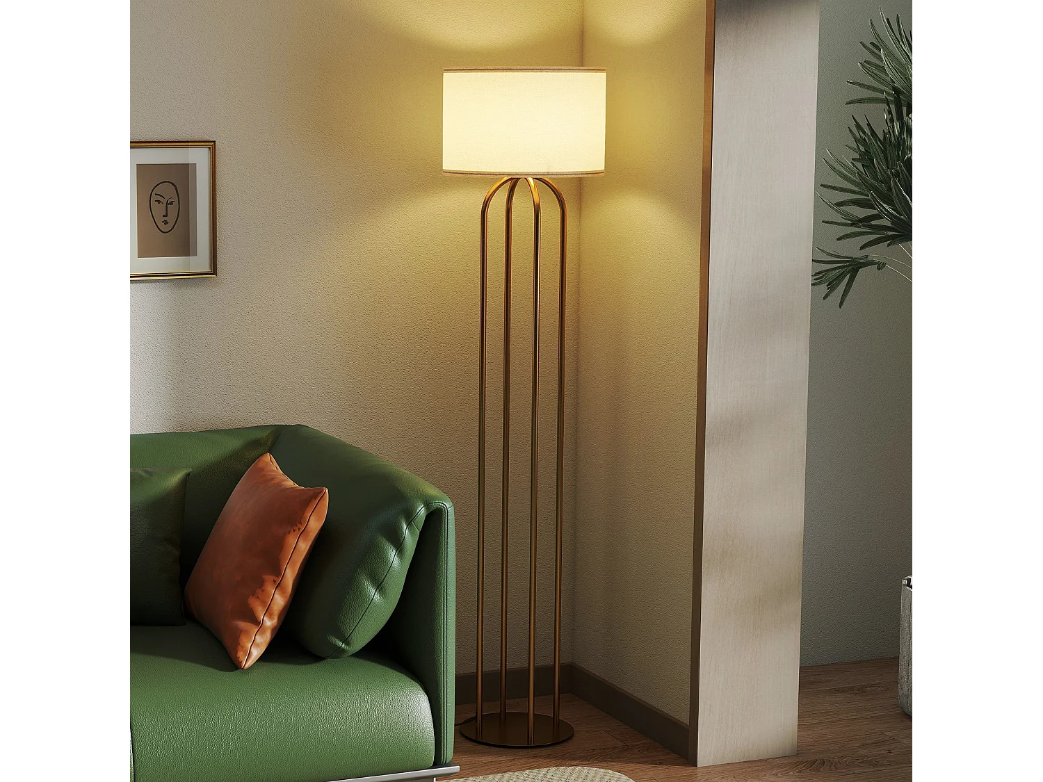 Lampadaire design métal doré 4 pieds base abat-jour circulaire lin beige dia. 38 x H.161 cm