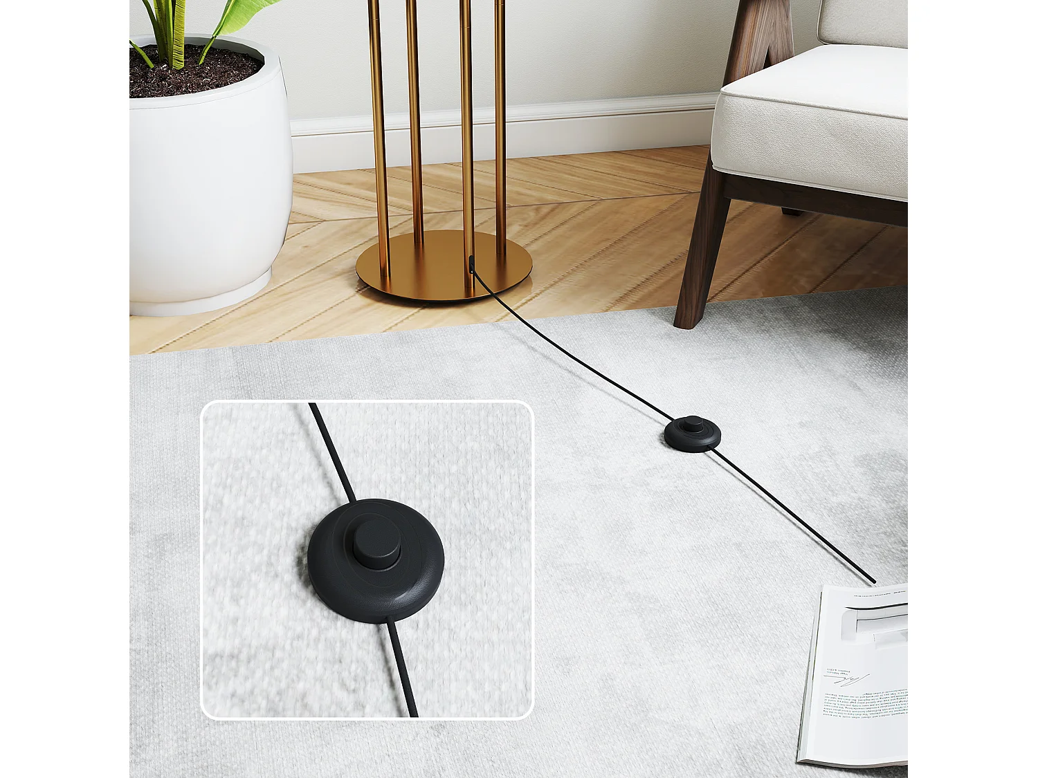 Lampadaire design métal doré 4 pieds base abat-jour circulaire lin beige dia. 38 x H.161 cm