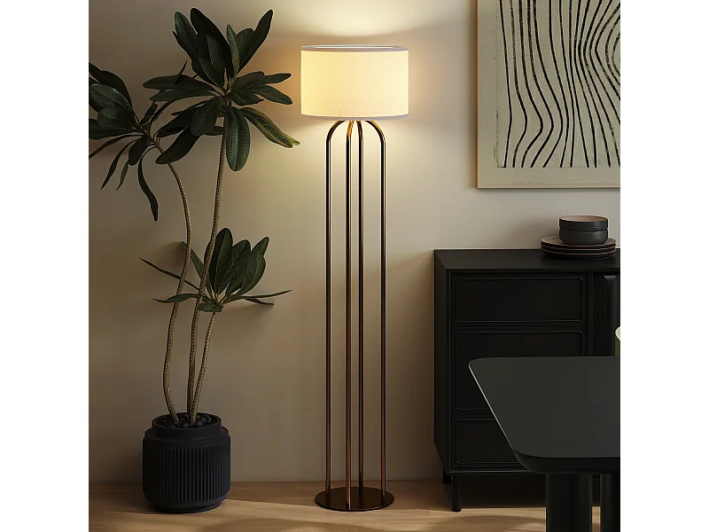 Lampadaire design métal doré 4 pieds base abat-jour circulaire lin beige dia. 38 x H.161 cm