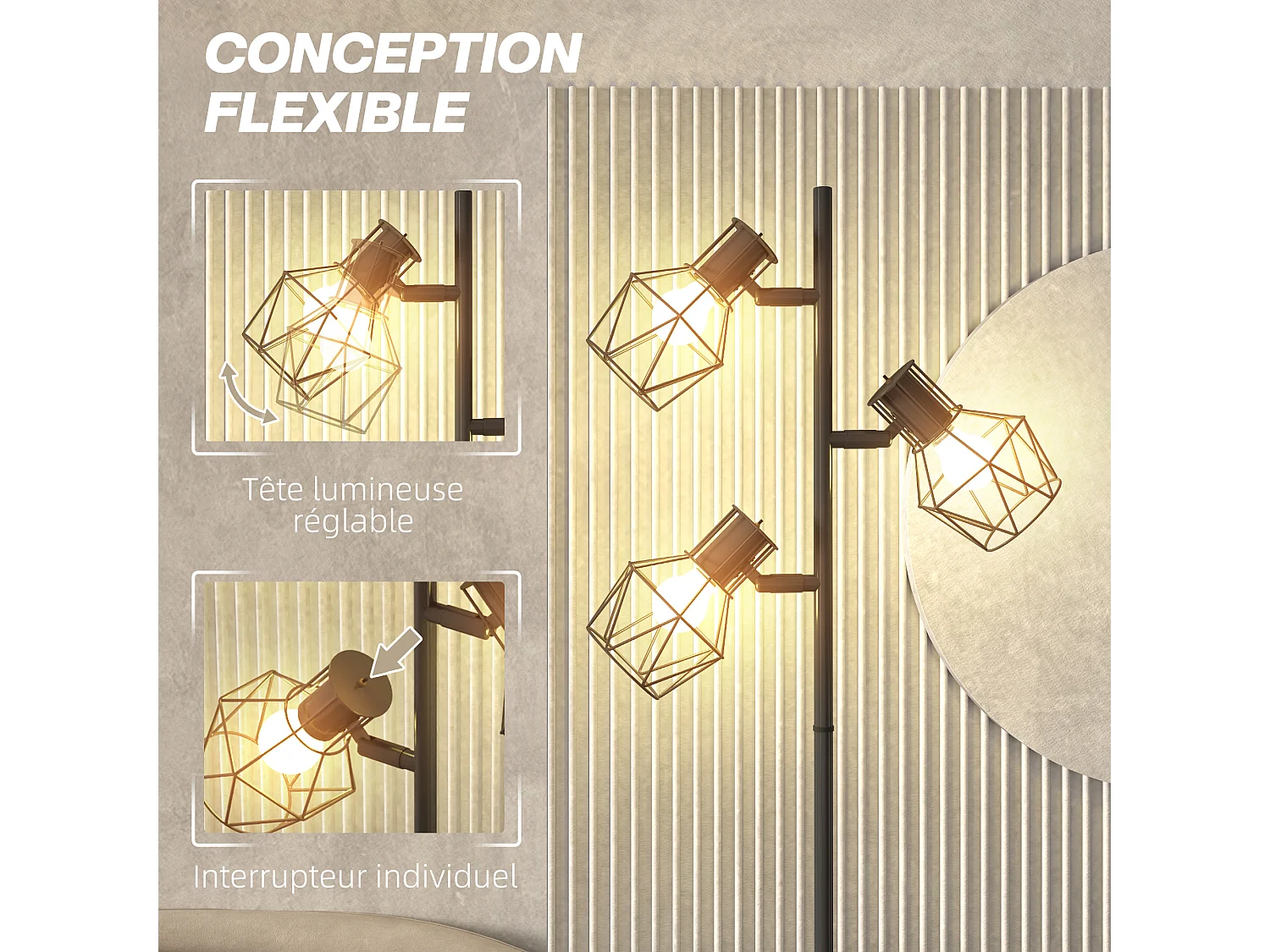 Lampadaire design industriel 3 ampoules max. 40W H.169 cm abat-jour cage métal noir