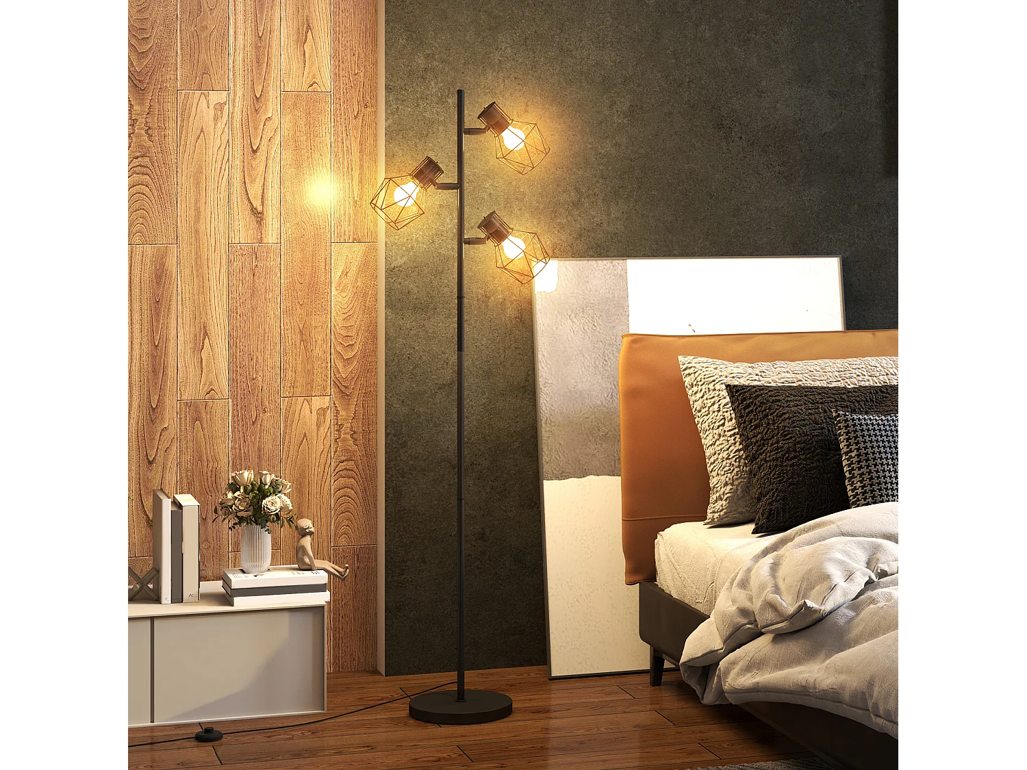 Lampadaire design industriel 3 ampoules max. 40W H.169 cm abat-jour cage métal noir