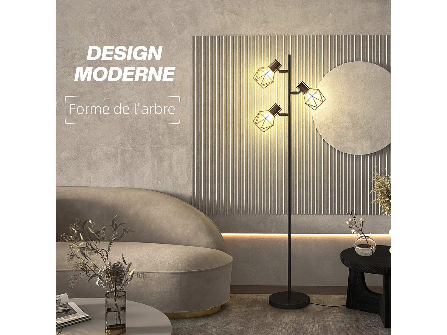 Lampadaire design industriel 3 ampoules max. 40W H.169 cm abat-jour cage métal noir
