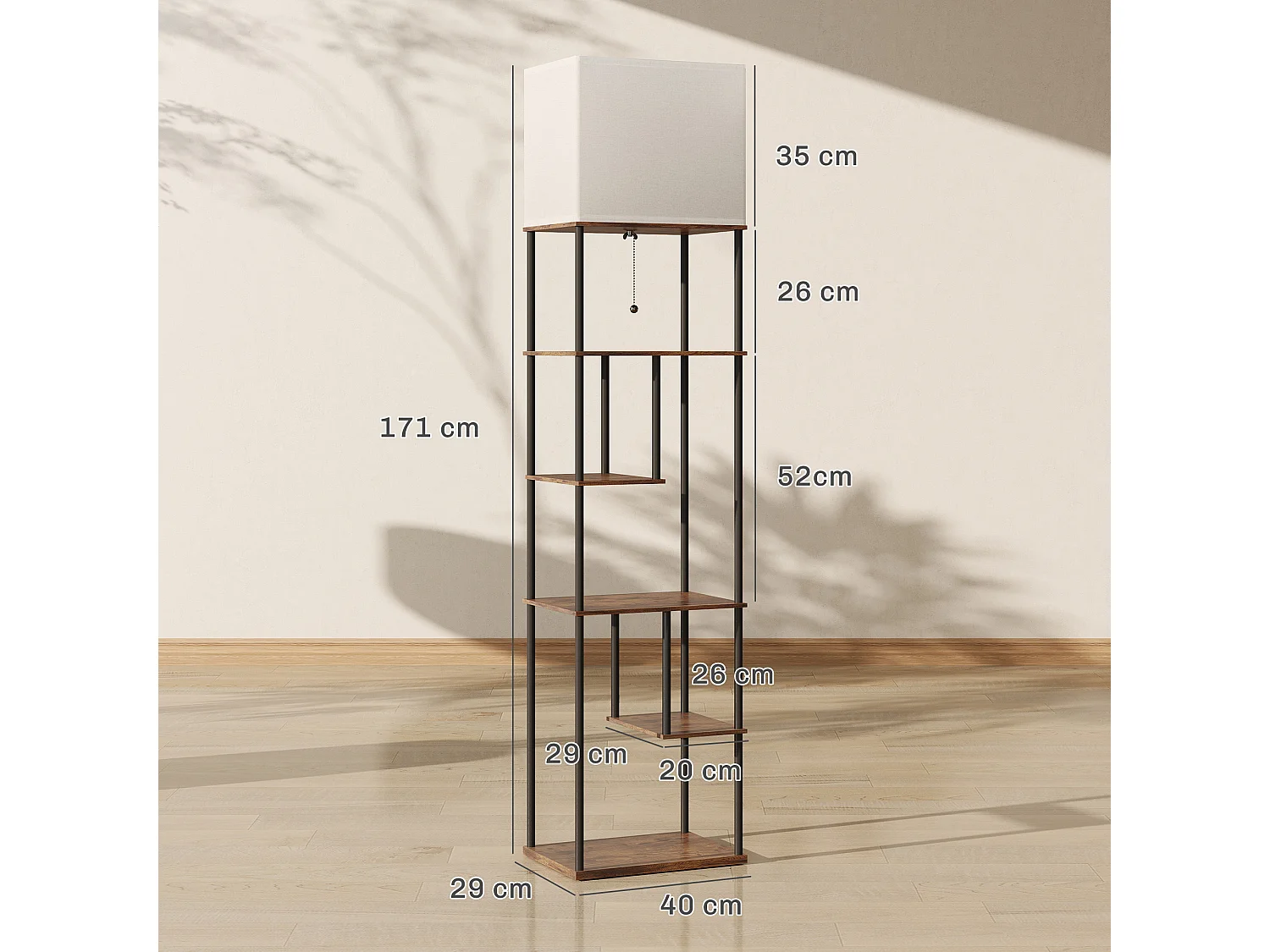 Lampadaire étagère LED design industriel - 5 niveaux de rangement H.171cm - métal noir aspect bois