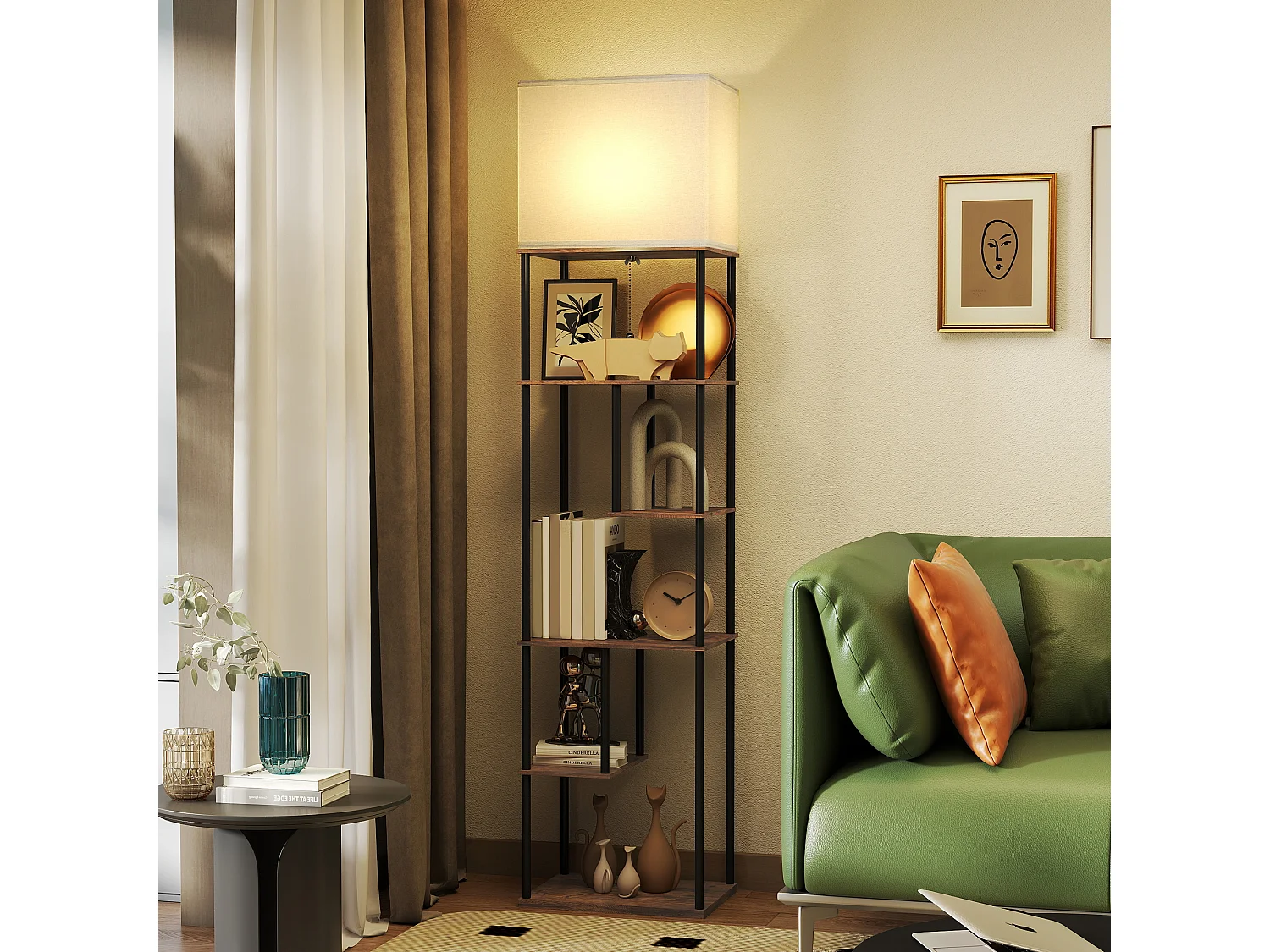 Lampadaire étagère LED design industriel - 5 niveaux de rangement H.171cm - métal noir aspect bois