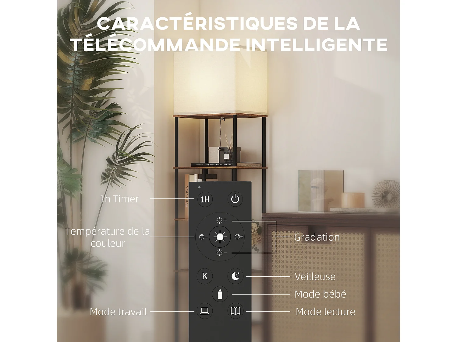 Lampadaire étagère LED design industriel - 5 niveaux de rangement H.171cm - métal noir aspect bois