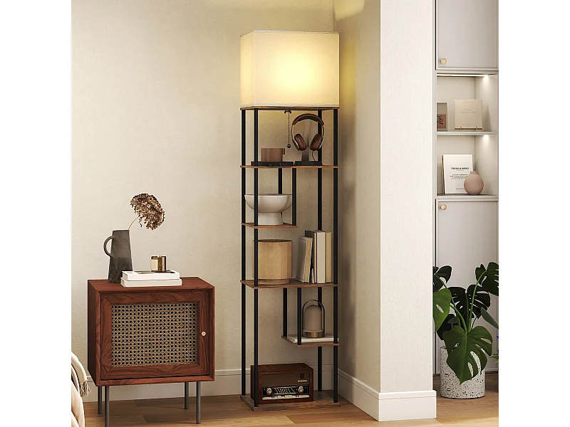 Lampadaire étagère LED design industriel - 5 niveaux de rangement H.171cm - métal noir aspect bois