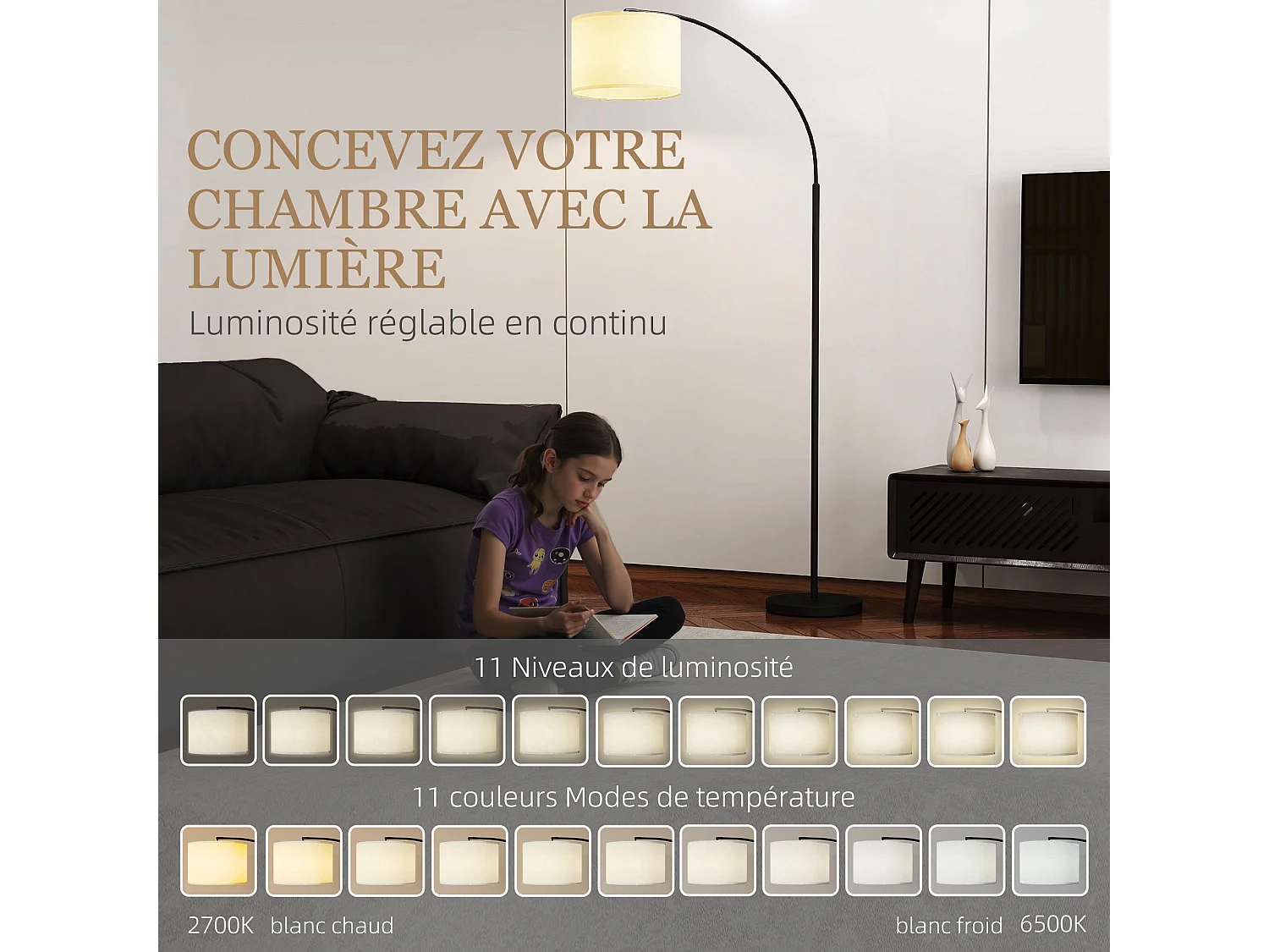 Lampadaire LED dimmable H.180 cm avec télécommande abat-jour réglable 11 température couleurs et niveaux de luminosité noir