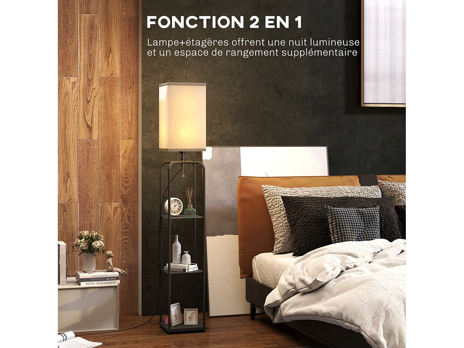 Lampadaire étagères 3 niveaux - interrupteur à tirette - métal MDF noir abat jour tissu blanc