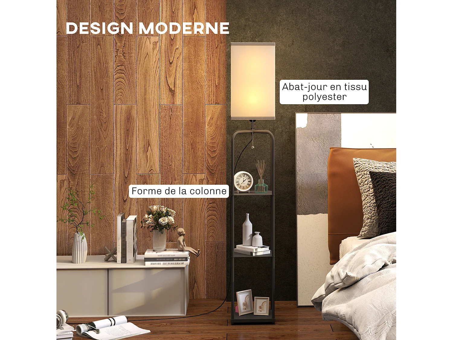 Lampadaire étagères 3 niveaux - interrupteur à tirette - métal MDF noir abat jour tissu blanc