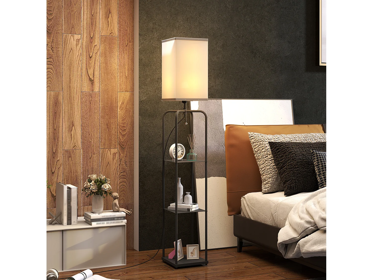 Lampadaire étagères 3 niveaux - interrupteur à tirette - métal MDF noir abat jour tissu blanc