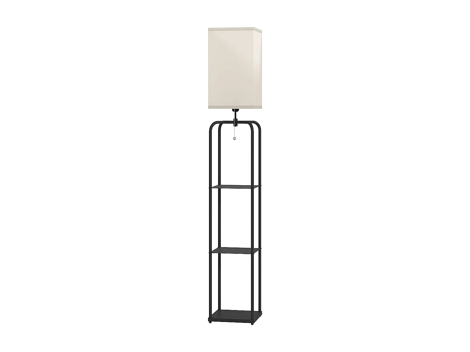 Lampadaire étagères 3 niveaux - interrupteur à tirette - métal MDF noir abat jour tissu blanc