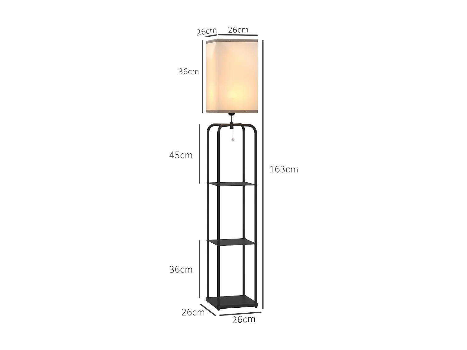 Lampadaire étagères 3 niveaux - interrupteur à tirette - métal MDF noir abat jour tissu blanc