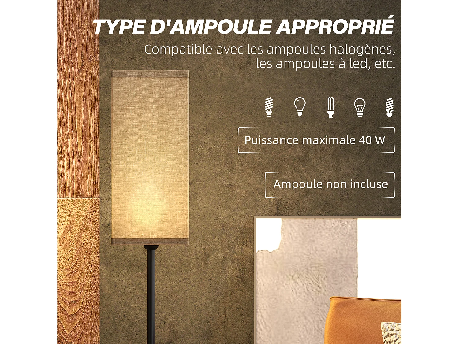 Lampadaire droit style contemporain H.161 cm métal noir abat-jour beige effet lin