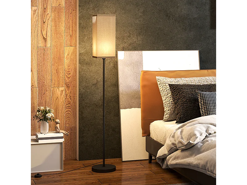 Lampadaire droit style contemporain H.161 cm métal noir abat-jour beige effet lin