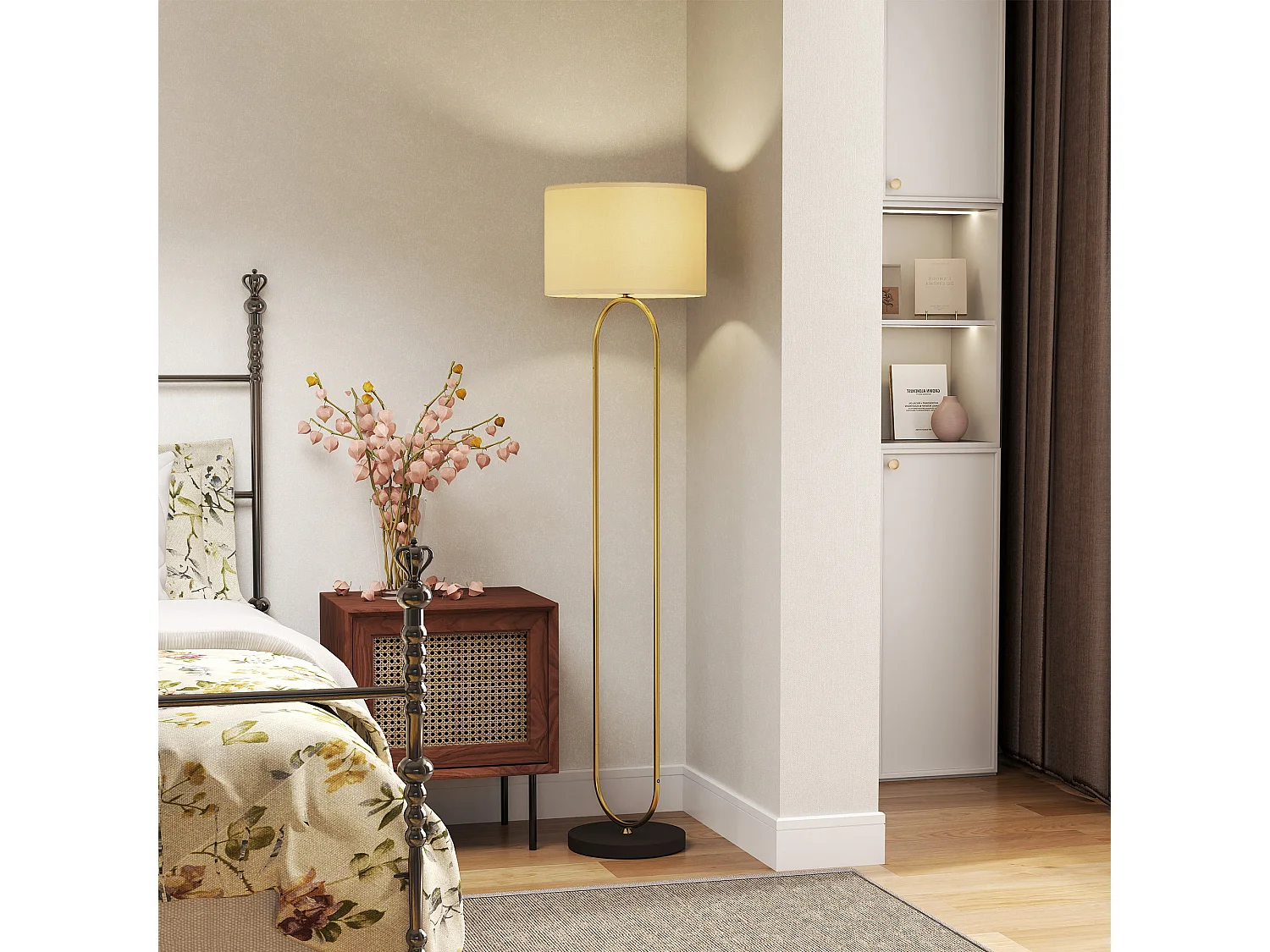 Lampadaire design néo-rétro H.156 cm structure mât métal doré arrondi abat-jour tissu lin