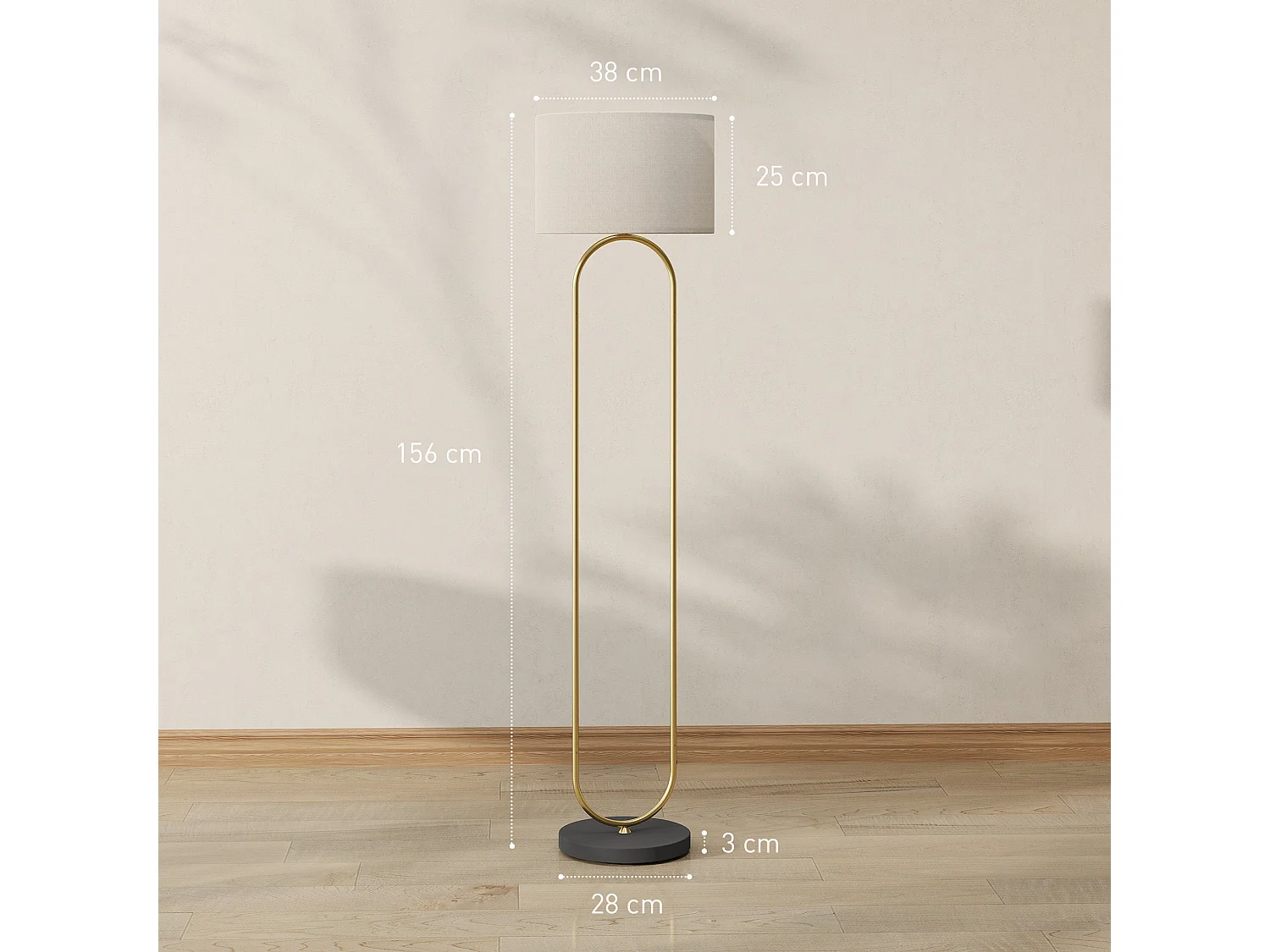 Lampadaire design néo-rétro H.156 cm structure mât métal doré arrondi abat-jour tissu lin