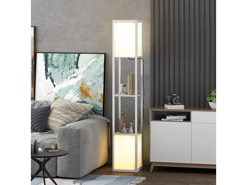 Lampadaire étagères design H.156 cm double éclairage abat-jour tissu blanc