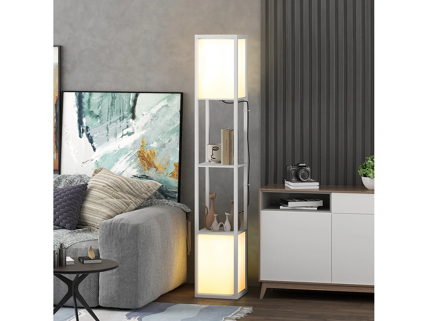 Lampadaire étagères design H.156 cm double éclairage abat-jour tissu blanc