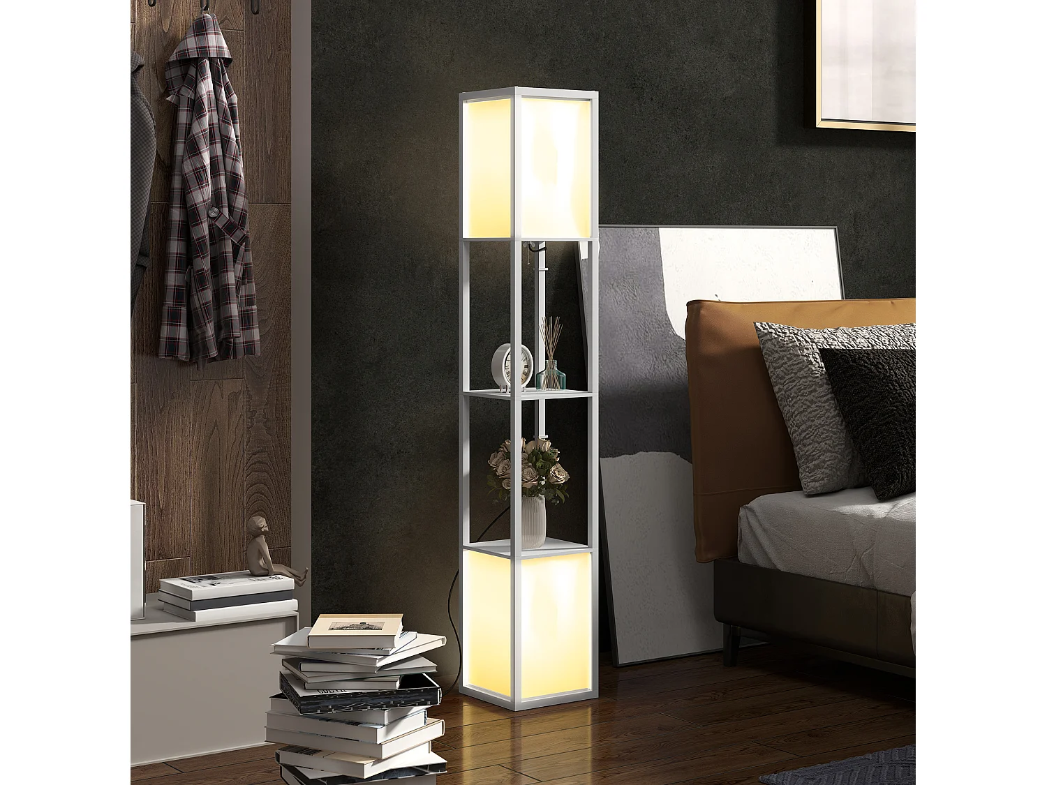 Lampadaire étagères design H.156 cm double éclairage abat-jour tissu blanc