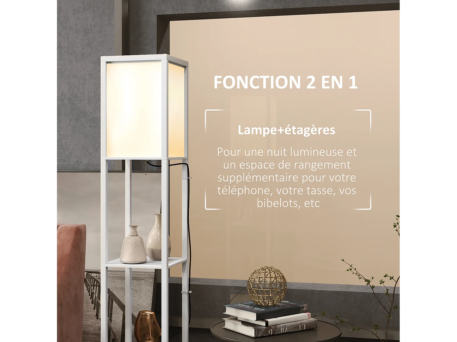 Lampadaire étagères design H.156 cm double éclairage abat-jour tissu blanc