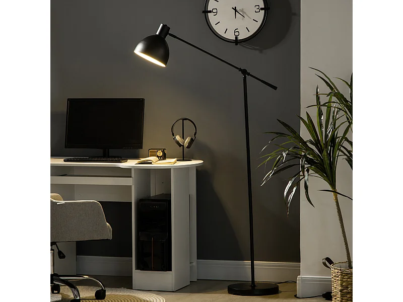 Lampadaire sur pied salon bureau 40W E27 - hauteur réglable, abat-jour et bras orientable - acier noir
