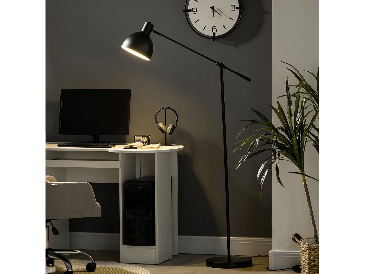 Lampadaire sur pied salon bureau 40W E27 - hauteur réglable, abat-jour et bras orientable - acier noir
