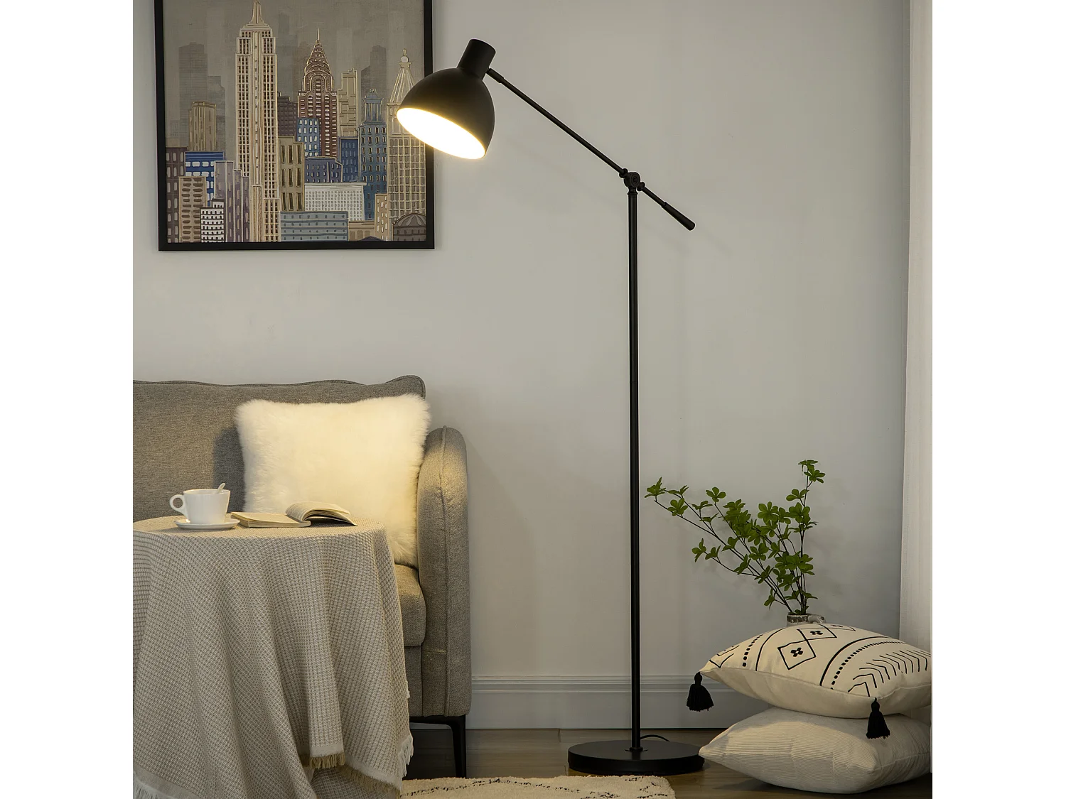 Lampadaire sur pied salon bureau 40W E27 - hauteur réglable, abat-jour et bras orientable - acier noir