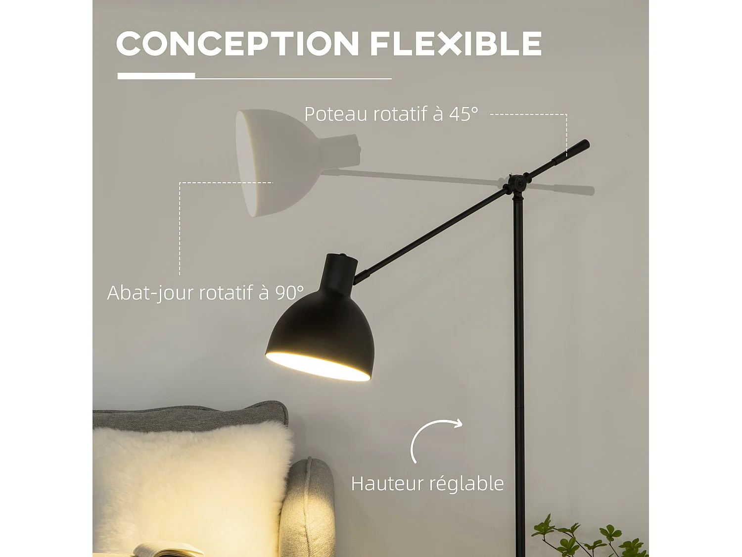 Lampadaire sur pied salon bureau 40W E27 - hauteur réglable, abat-jour et bras orientable - acier noir