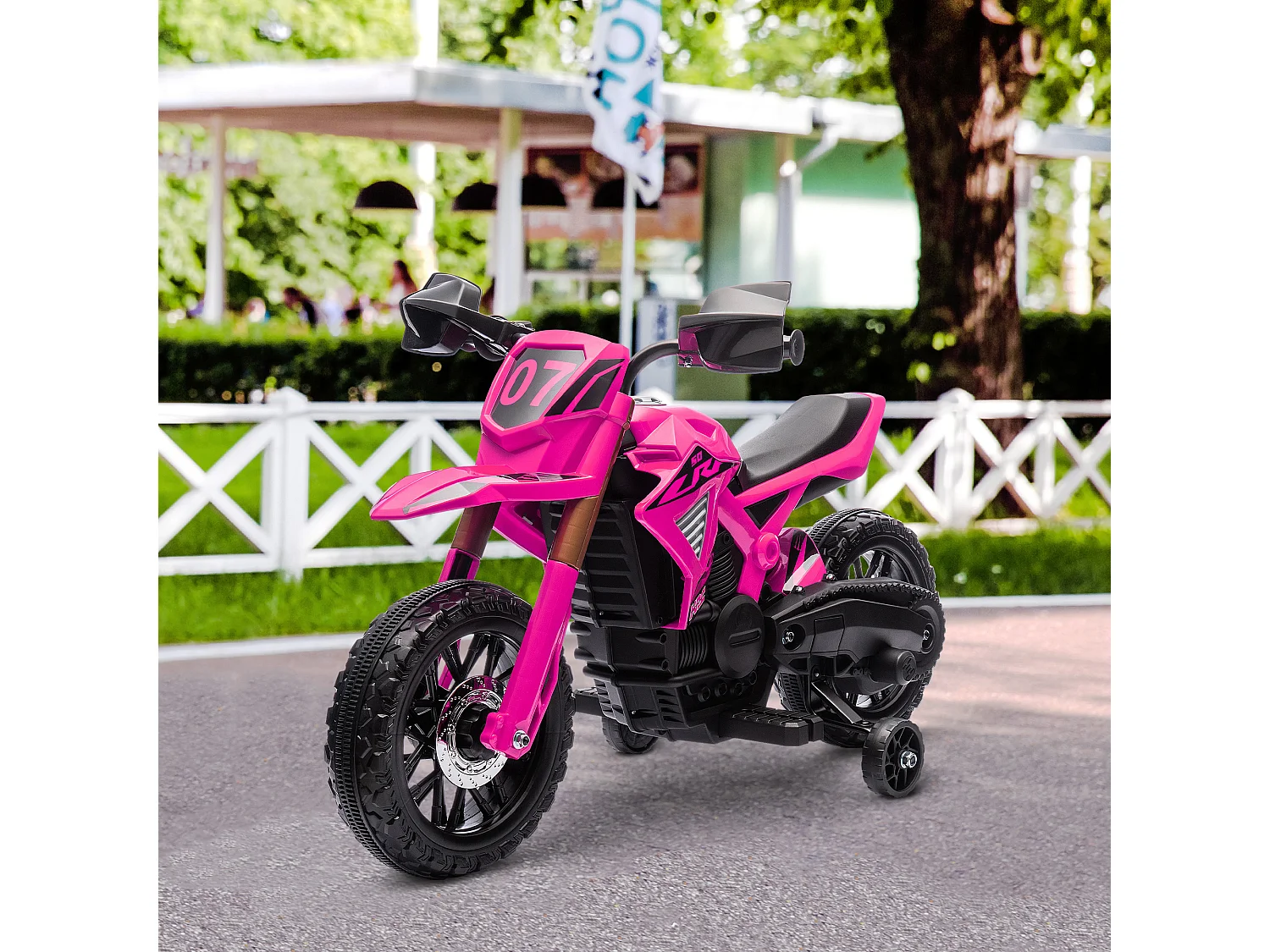 Moto Cross électrique enfant 6 V 2 moteurs effets sonores max. 3 Km/h 30 Kg avec stabilisateurs rose