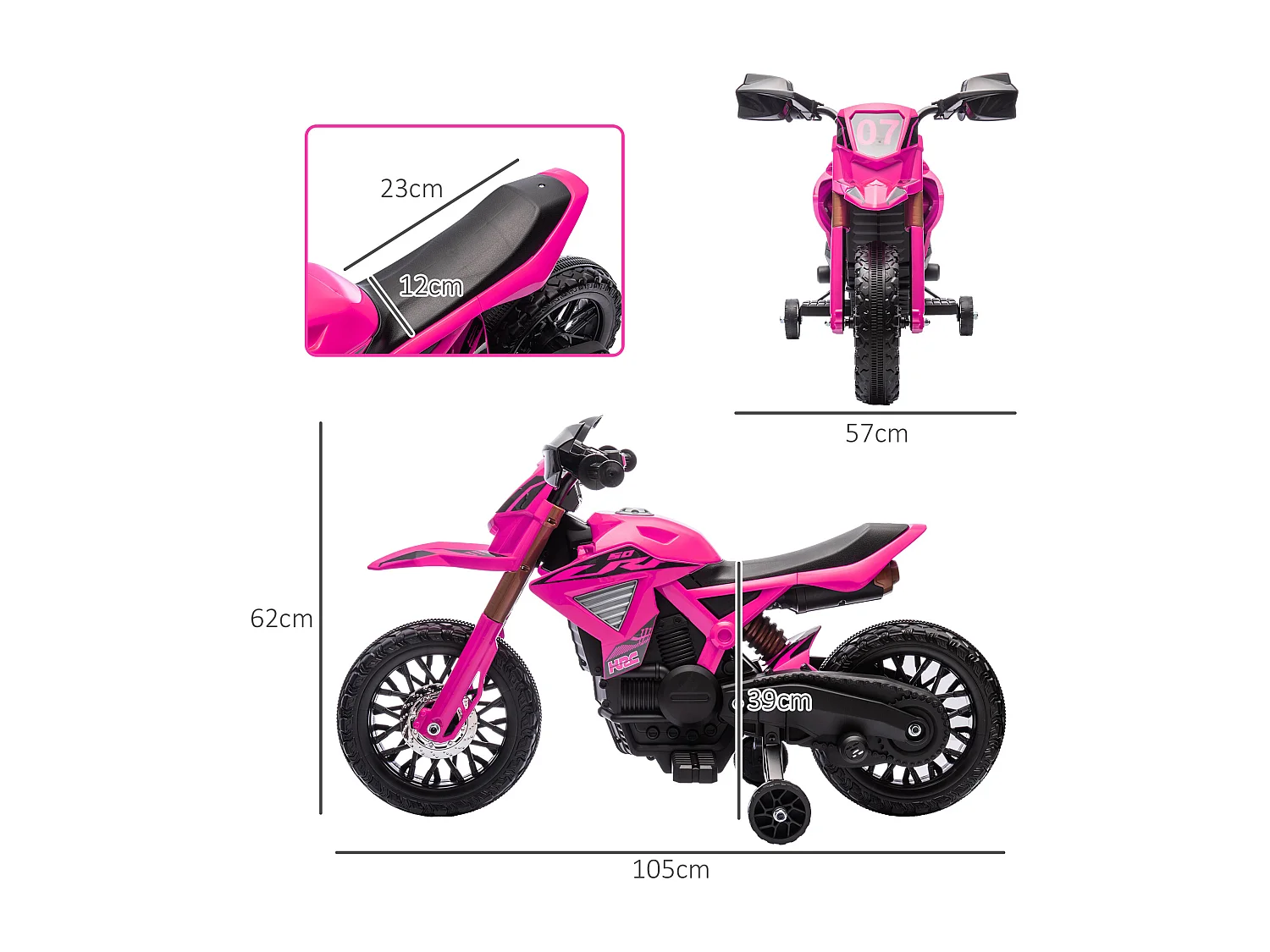 Moto Cross électrique enfant 6 V 2 moteurs effets sonores max. 3 Km/h 30 Kg avec stabilisateurs rose