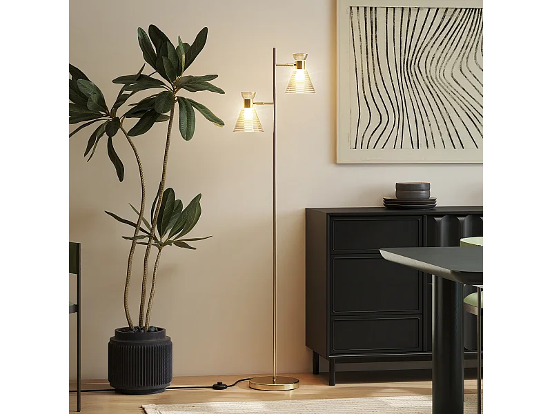 Lampadaire sur pied design H.165cm double tête réglable verre conique métal doré