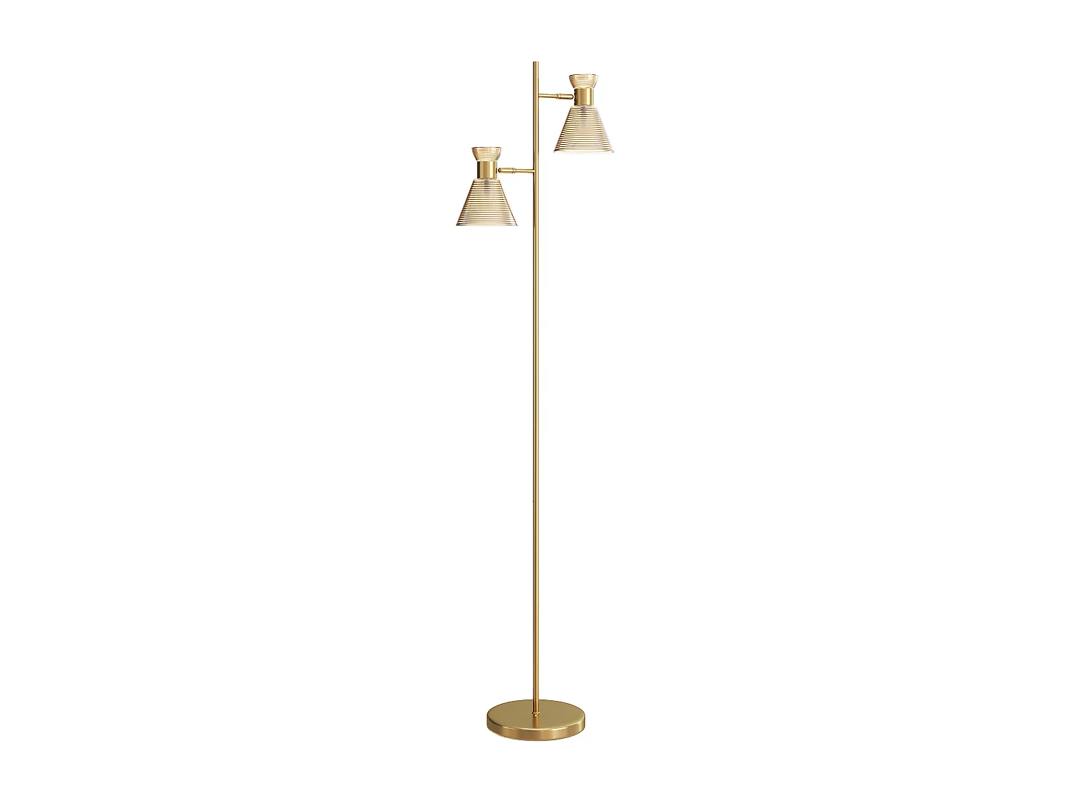 Lampadaire sur pied design H.165cm double tête réglable verre conique métal doré