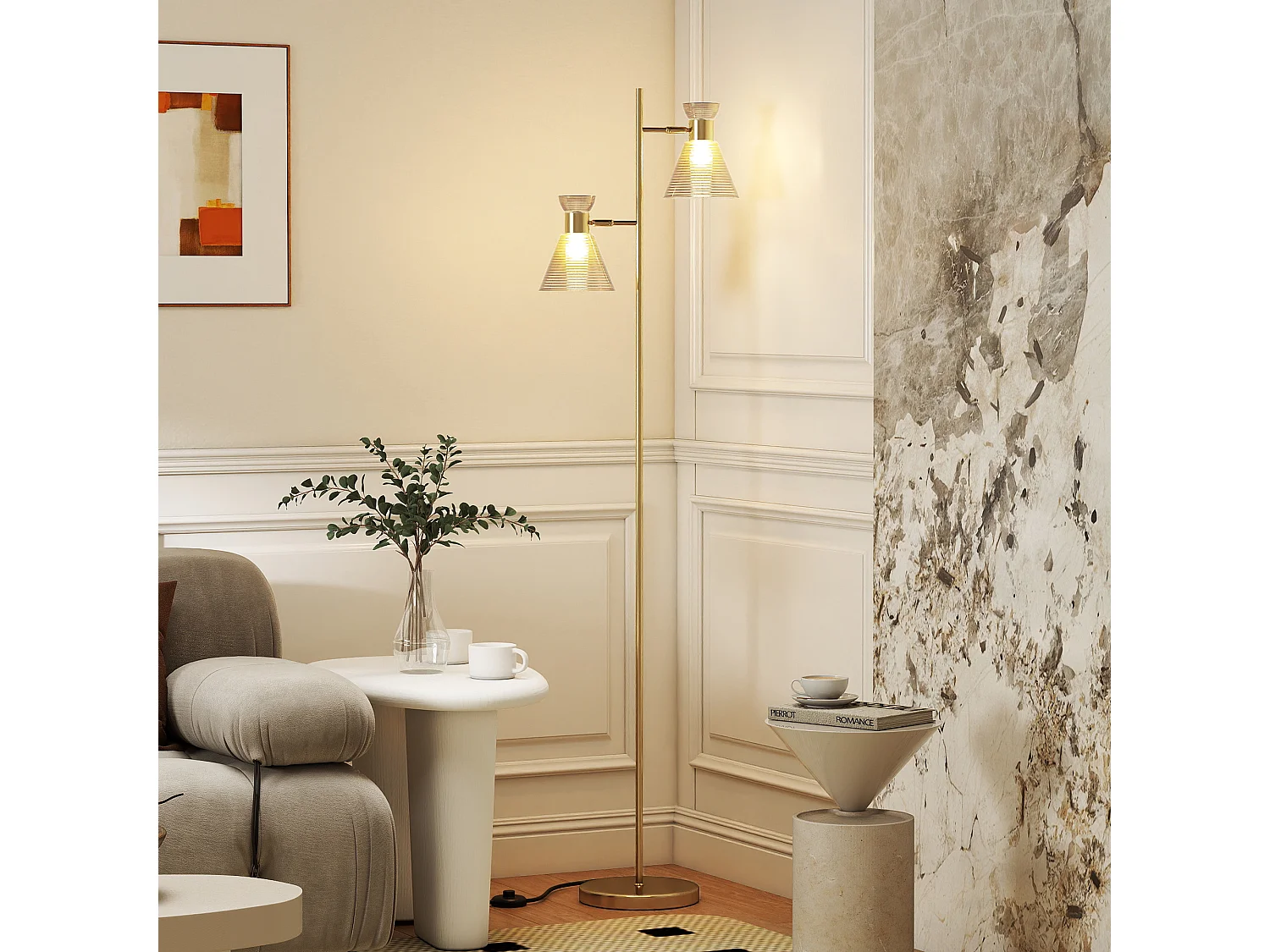 Lampadaire sur pied design H.165cm double tête réglable verre conique métal doré