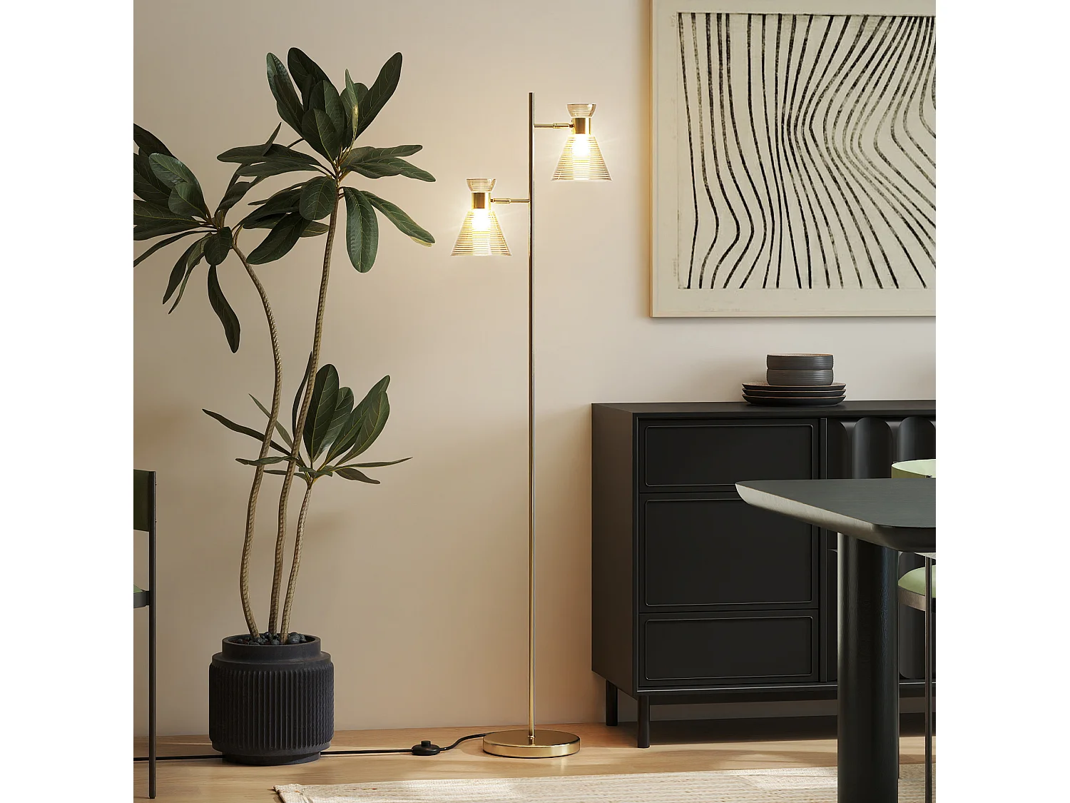 Lampadaire sur pied design H.165cm double tête réglable verre conique métal doré