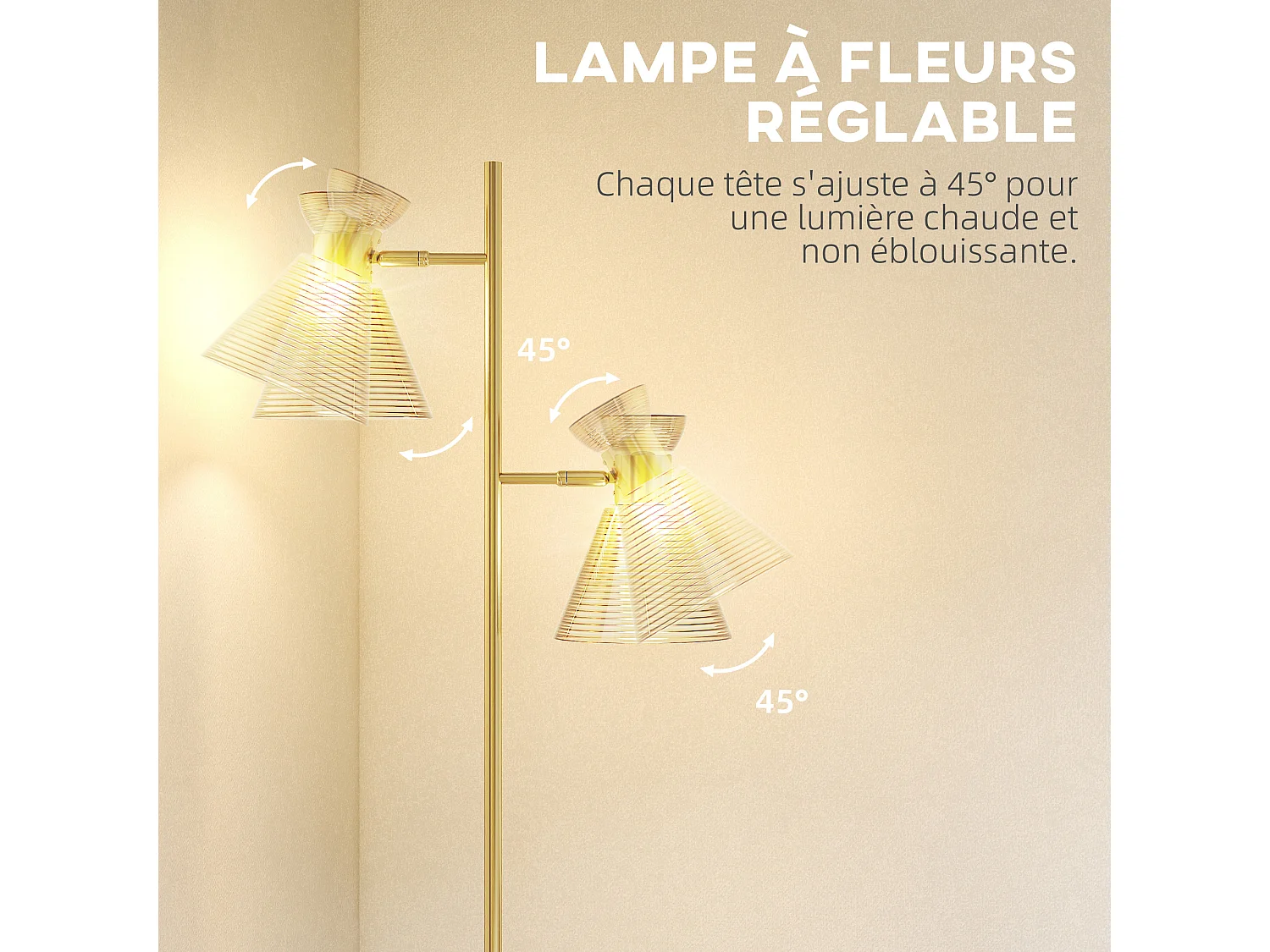 Lampadaire sur pied design H.165cm double tête réglable verre conique métal doré