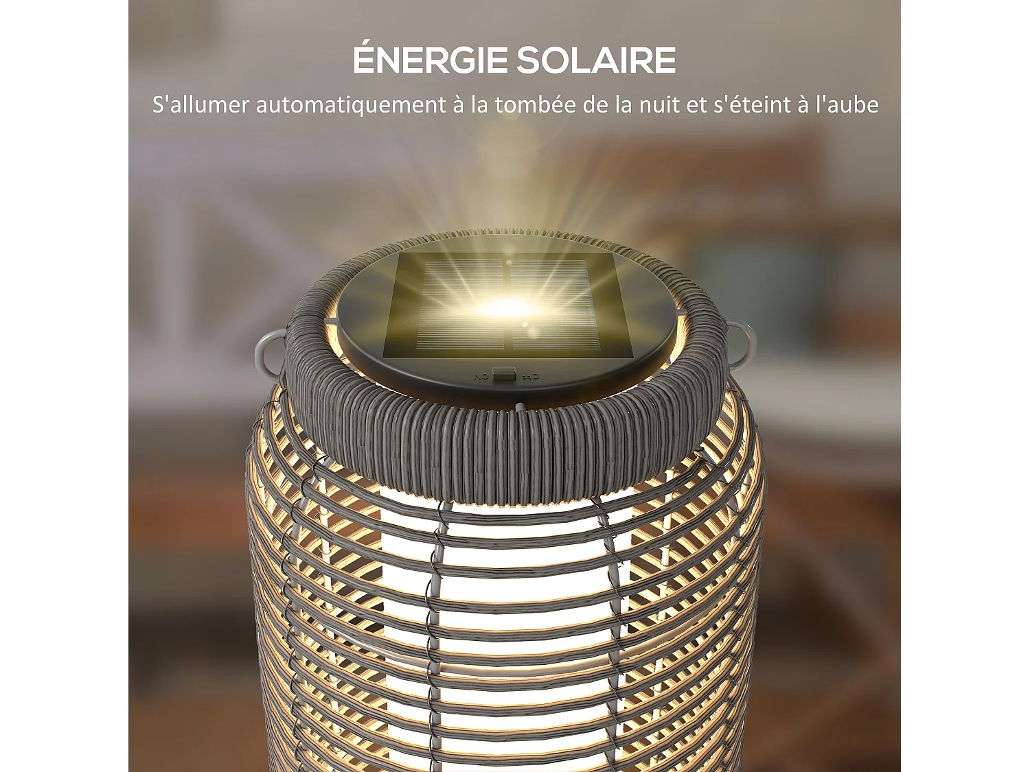 Lampadaire solaire LED portable style colonial dia.18 x 37 cm résine tressée grise