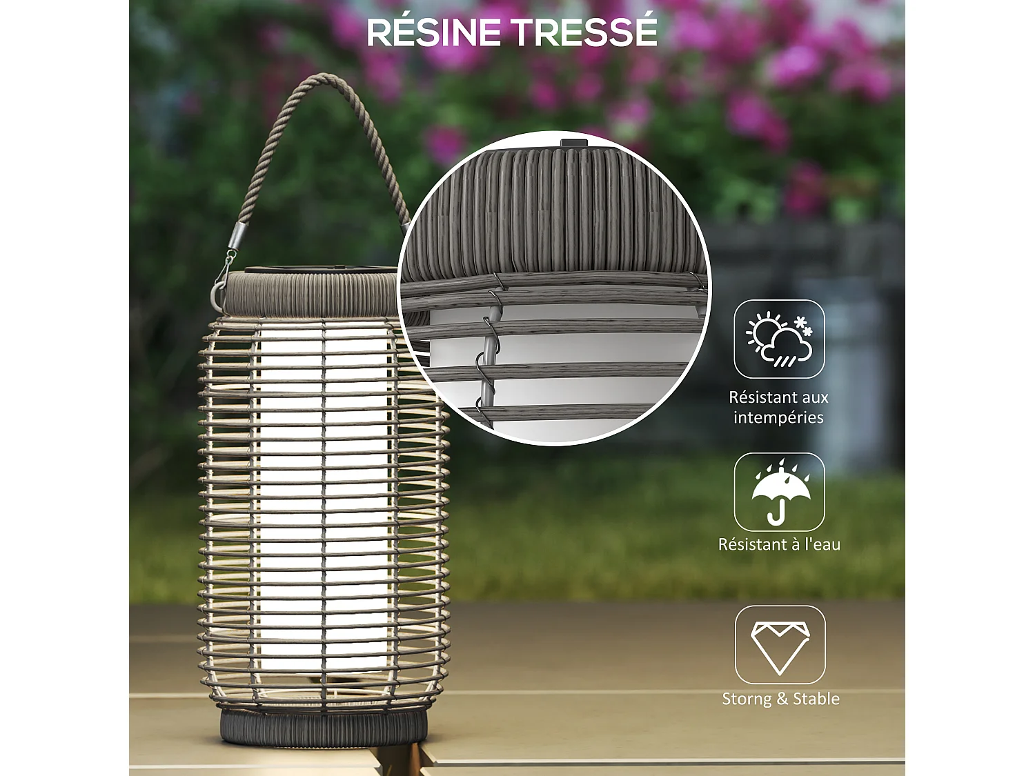 Lampadaire solaire LED portable style colonial dia.18 x 37 cm résine tressée grise