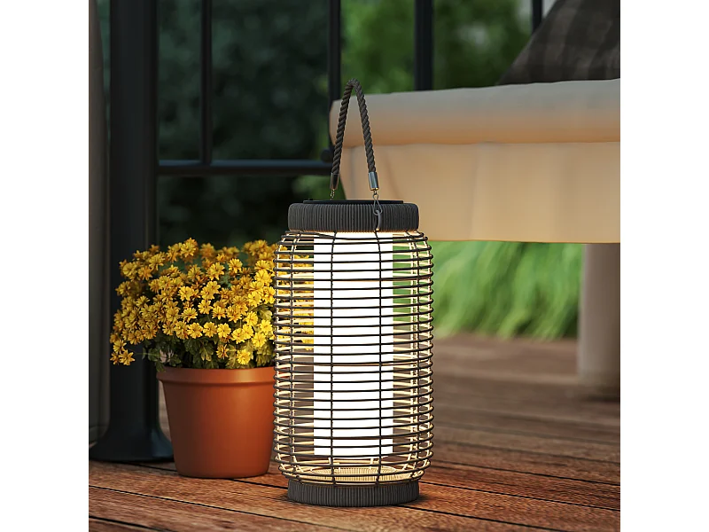 Lampadaire solaire LED portable style colonial dia.18 x 37 cm résine tressée grise