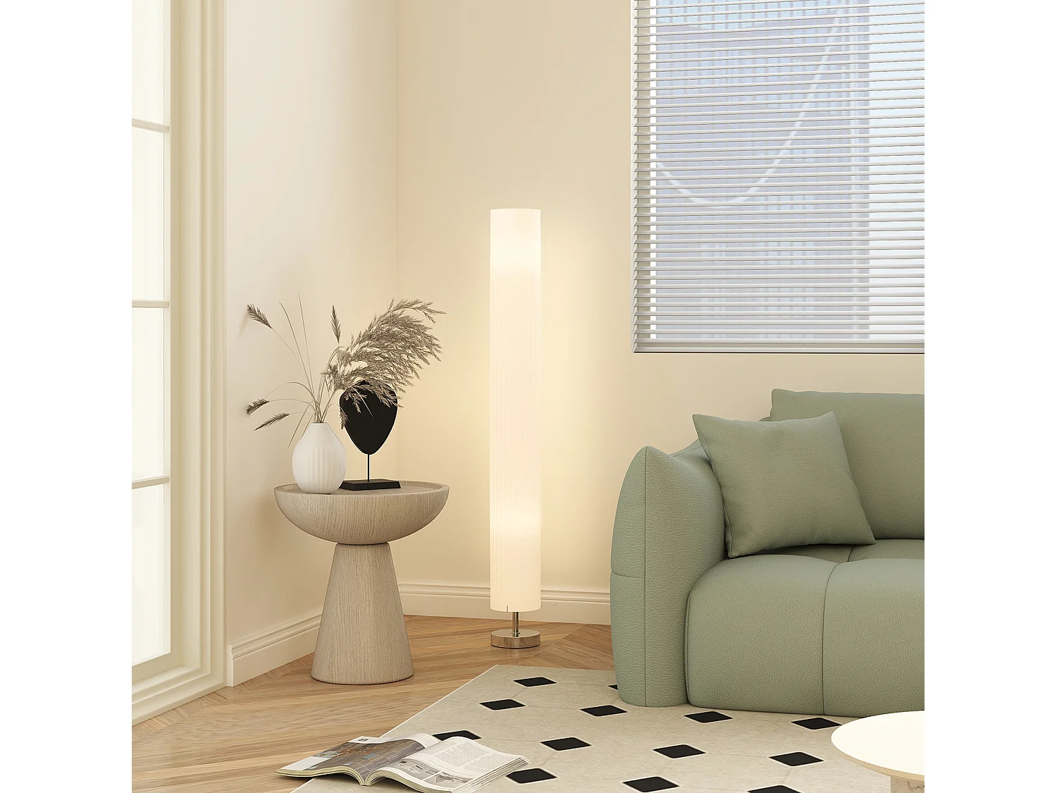 Lampadaire colonne sur pied design H.120 cm acier inox tissu blanc
