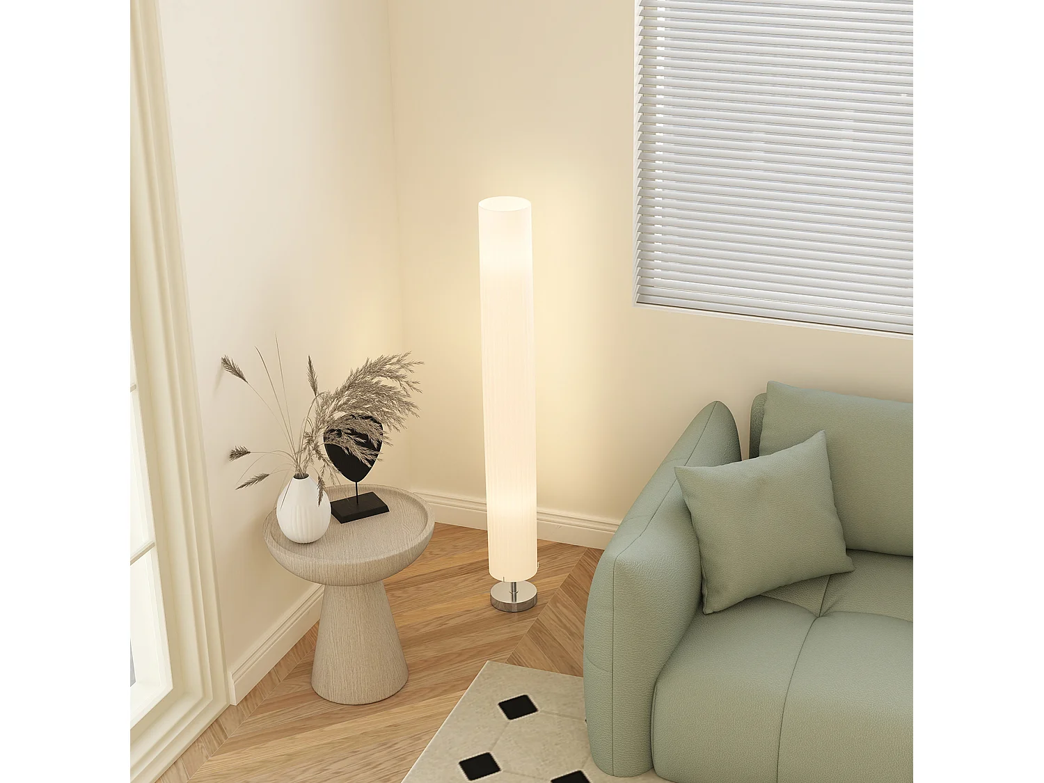 Lampadaire colonne sur pied design H.120 cm acier inox tissu blanc