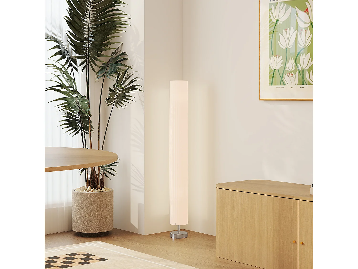 Lampadaire colonne sur pied design H.120 cm acier inox tissu blanc