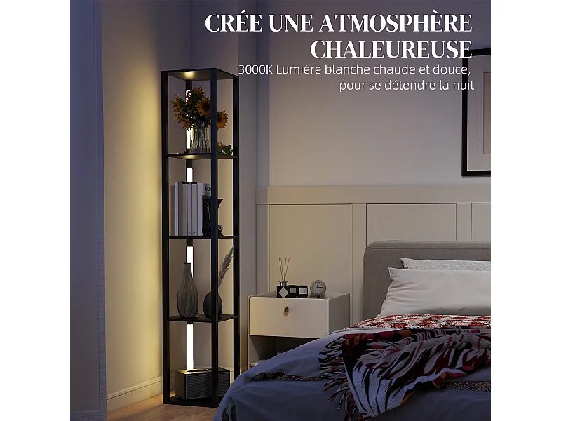 Lampadaire étagères design LED H.163 cm 4 niveaux luminosité réglable MDF noir