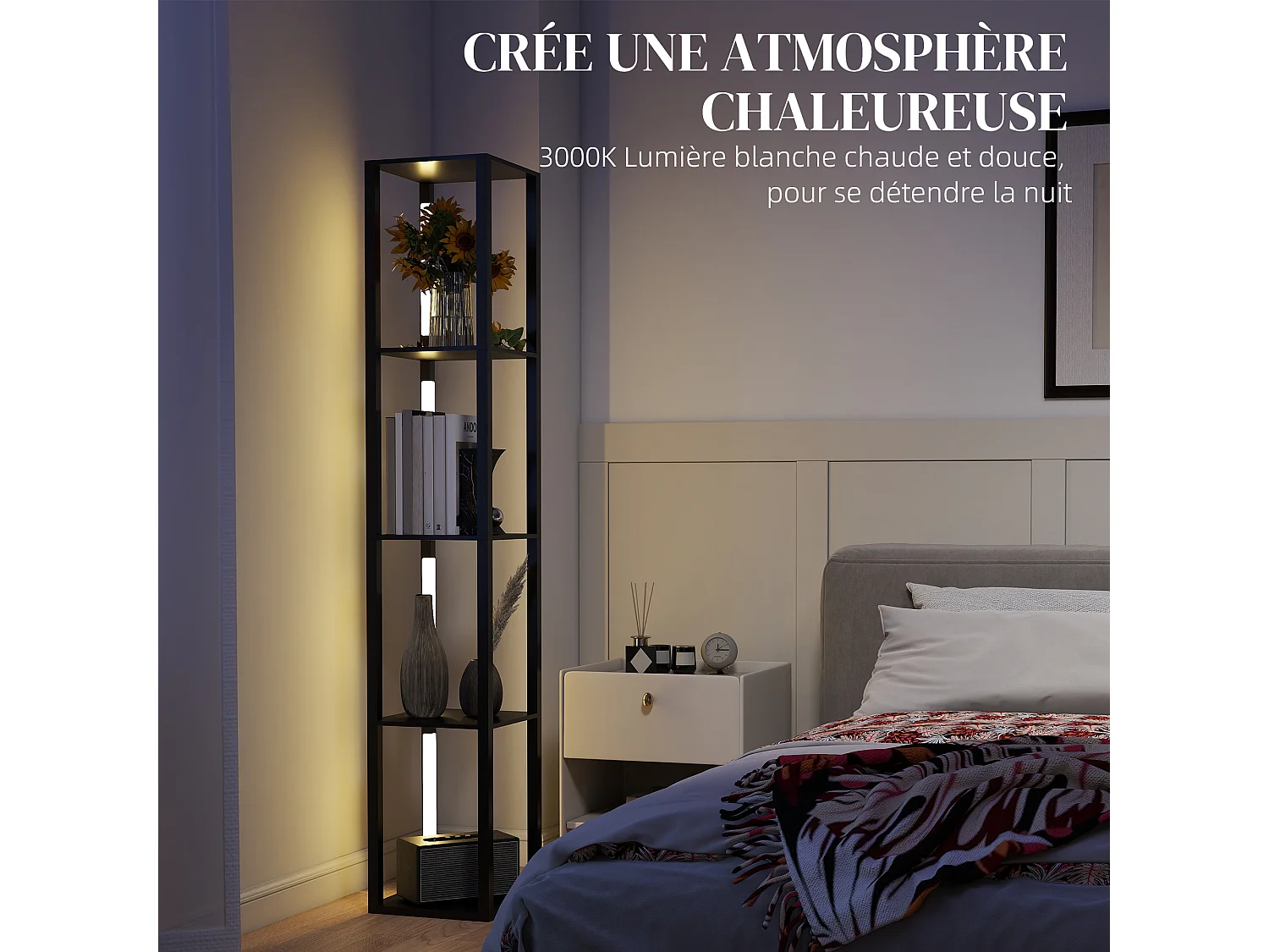Lampadaire étagères design LED H.163 cm 4 niveaux luminosité réglable MDF noir