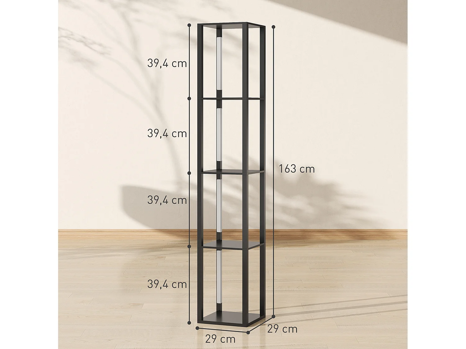 Lampadaire étagères design LED H.163 cm 4 niveaux luminosité réglable MDF noir