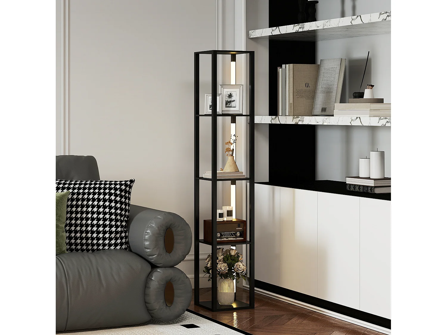 Lampadaire étagères design LED H.163 cm 4 niveaux luminosité réglable MDF noir